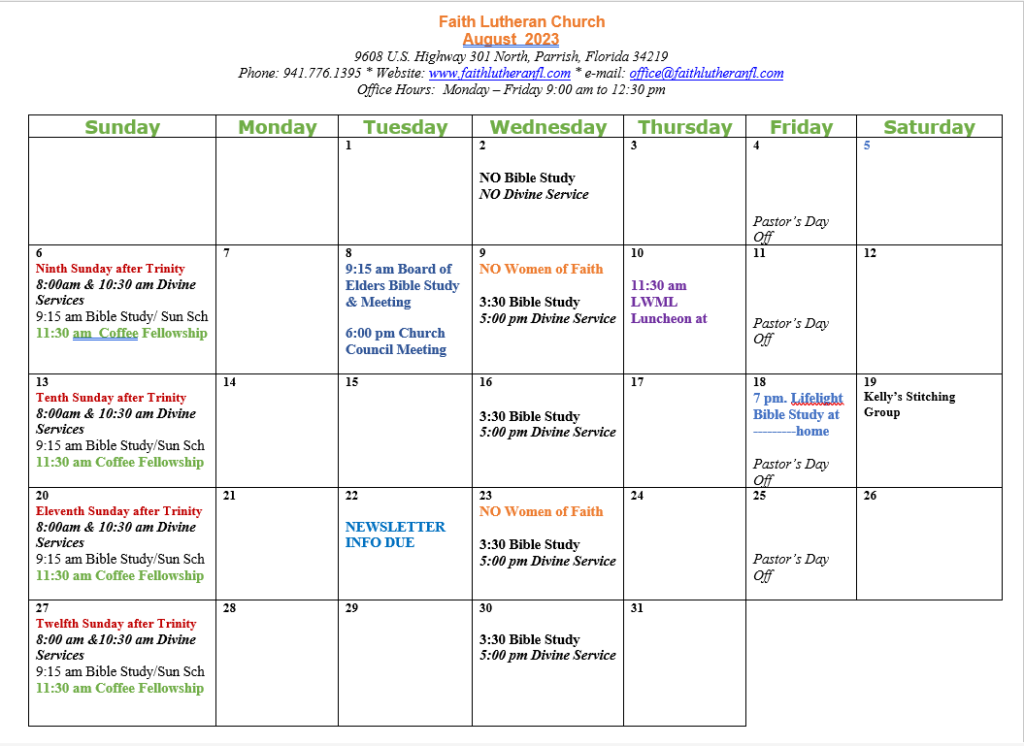 Calendar – Faith Lutheran Church